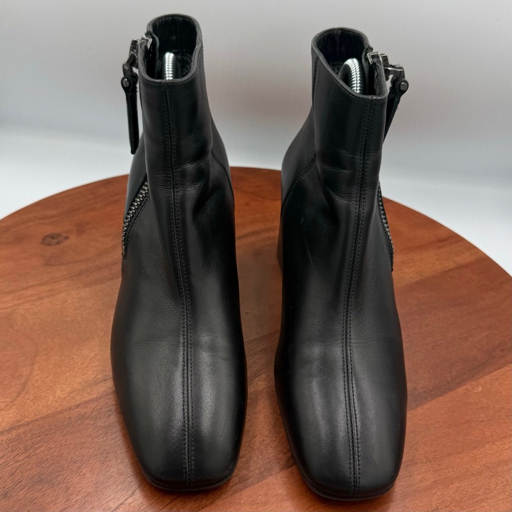 Aquatalia Leonora Black Leather Ankle Boots Women 8 Block Heel Square Toe Zip Up
